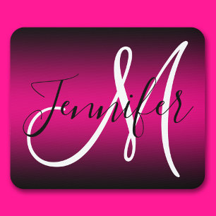 Elegantes schwarzes und heißrosa Ombre-Monogramm Mousepad
