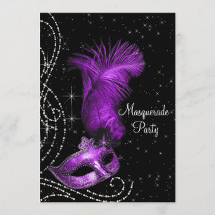 Elegantes Schwarzes und Lila Masquerade Party Einladung