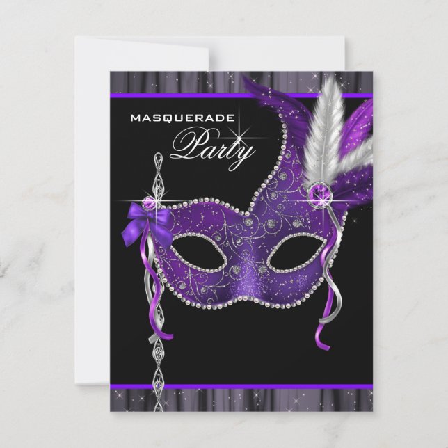 Elegantes Schwarzes und Lila Masquerade Party Einladung (Vorderseite)