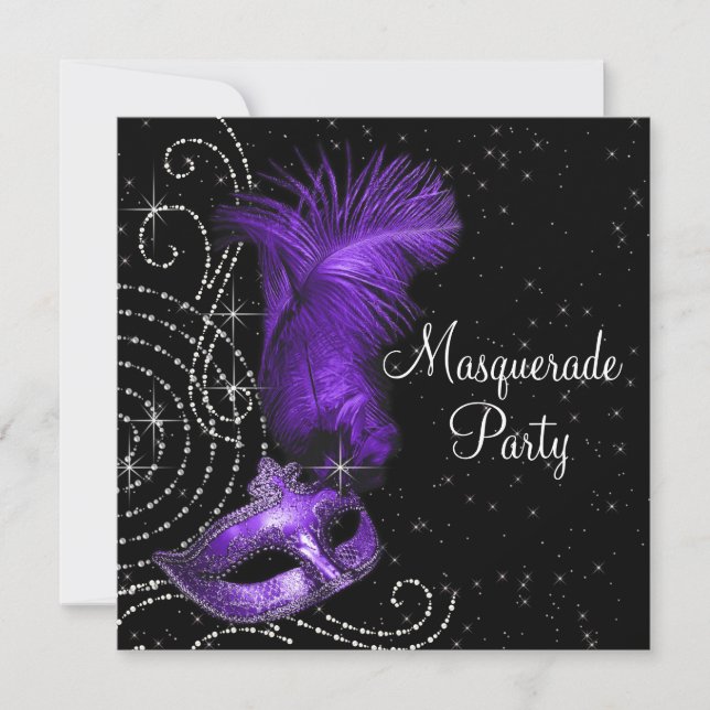 Elegantes Schwarzes und Lila Masquerade Party Einladung (Vorderseite)