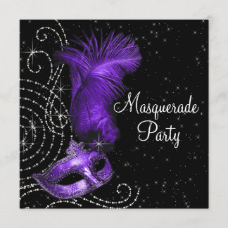 Elegantes Schwarzes und Lila Masquerade Party Einladung