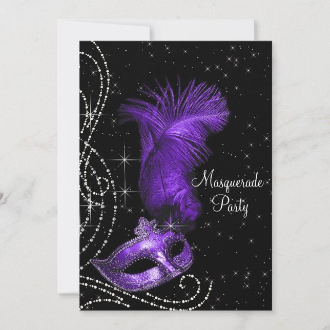 Elegantes Schwarzes und Lila Masquerade Party Einladung (Vorderseite)