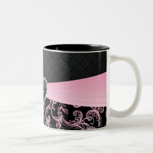 Elegantes schwarzes und rosa Blumenmuster Zweifarbige Tasse