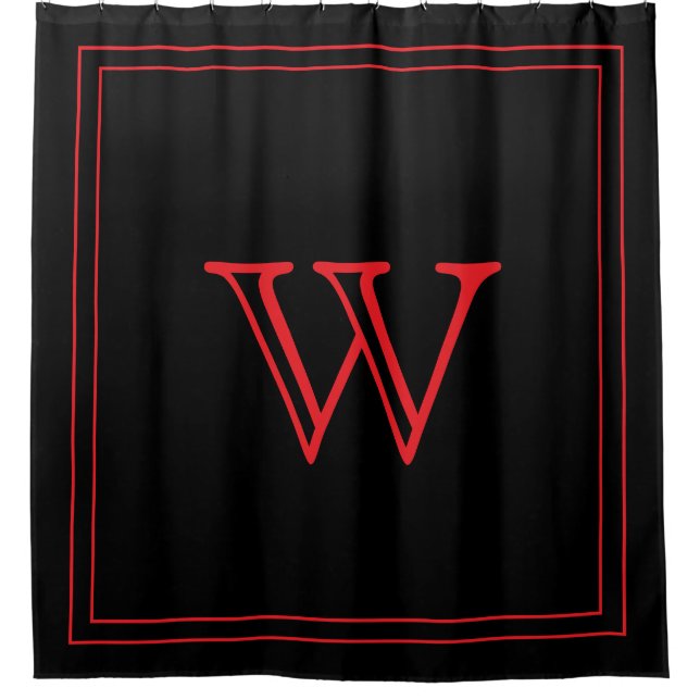 Elegantes schwarzes und rotes Monogramm Initial Duschvorhang (Vorderseite)