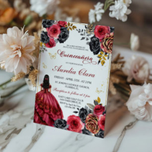 Elegantes Schwarzes und Rotes Quinceanera Einladung