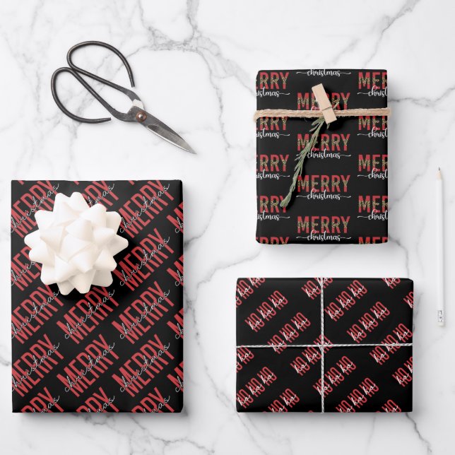 Elegantes Schwarzes und Rotes Weihnachten Geschenkpapier Set (Vorderseite)