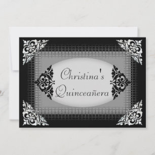 Elegantes schwarzes und silbernes Quinceañera Einladung