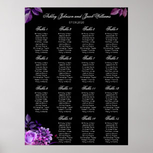 Elegantes schwarzes und violettes Hochzeitssitzpla Poster