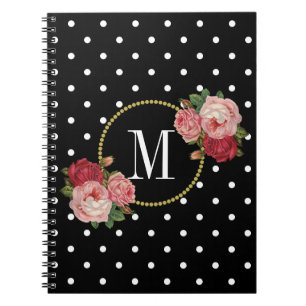Elegantes Schwarzes Vintages Rose Blume Dots Monog Notizblock