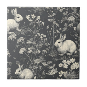 Elegantes schwarzes Waldkaninchen-Toile-Muster Fliese
