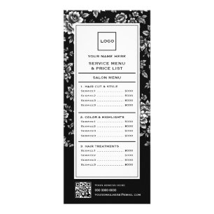 Elegantes Schwarzes & Weißes Florales Friseurstudi Werbekarte