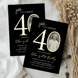 Elegantes Schwarzgold Überraschung 40. Geburtstags Folieneinladung