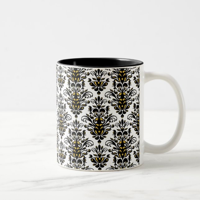 Elegantes Schwarzweiss mit Touch des Golddamastes Zweifarbige Tasse (Rechts)