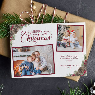 Elegantes Script 2 Foto Pine Cones Frohe Weihnacht Feiertagskarte
