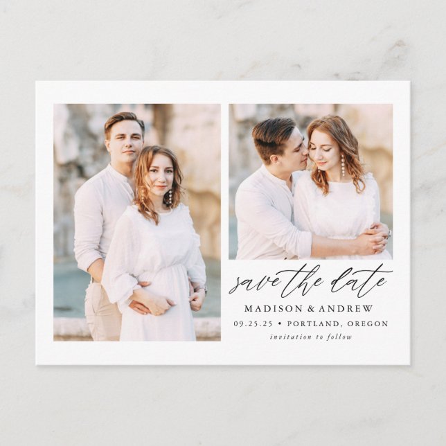 Elegantes Script 2 Foto Save the Date Ankündigungspostkarte (Vorderseite)
