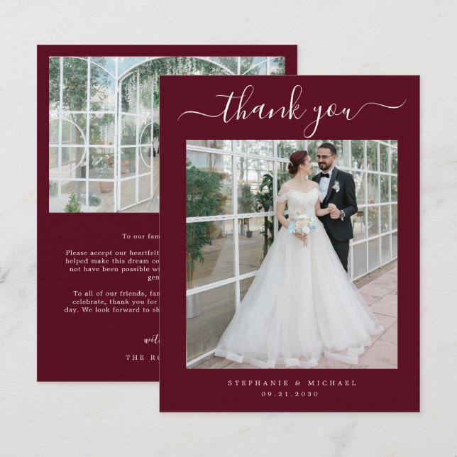 Elegantes Script 2 Foto Wedding Burgundy Dankeskarte (Vorne/Hinten)