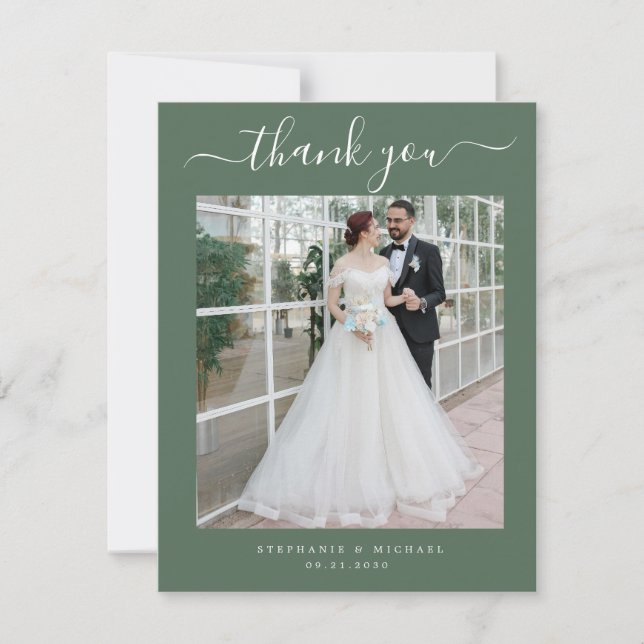 Elegantes Script 2 Foto Wedding Sage Green Dankeskarte (Vorderseite)