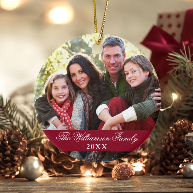 Elegantes Script 2 Sided Foto Weihnachten Burgund Keramik Ornament (Customize to change text size or text style.)