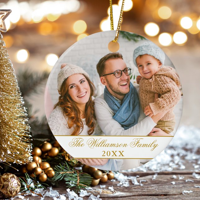 Elegantes Script 2 Sided Foto Weihnachtsgold Keramik Ornament (Customize text size, style or color.)
