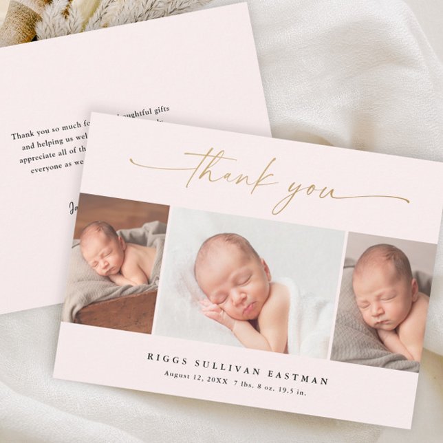 Elegantes Script 3 Foto Collage Baby Dankeskarte (Elegant blush pink and gold script 3 photo birth announcement baby thank you card.)