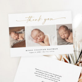 Elegantes Script 3 Foto Collage Baby Dankeskarte
