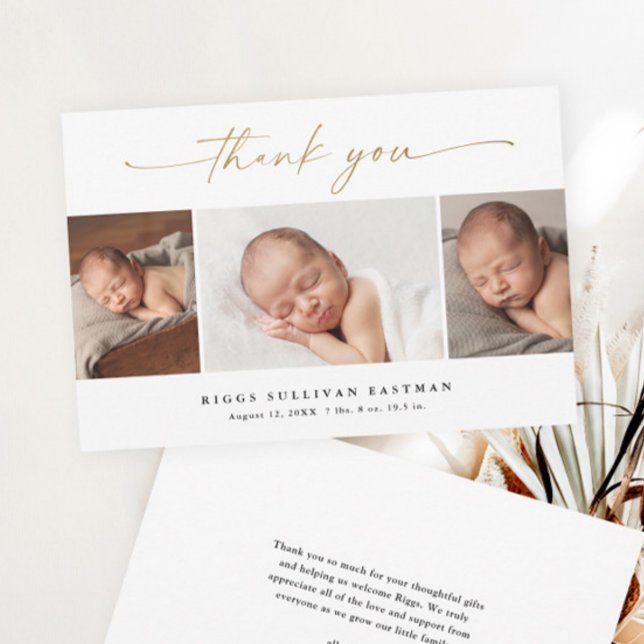 Elegantes Script 3 Foto Collage Baby Dankeskarte (Elegant gold script calligraphy 3 photo collage baby thank you card.)