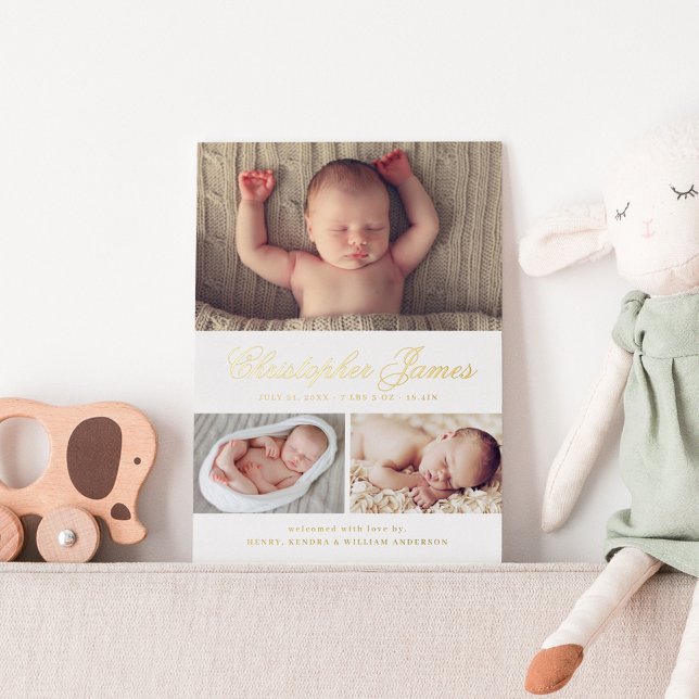 Elegantes Script 3 Foto Collage Geburtserklärung Folieneinladung (Von Creator hochgeladen)