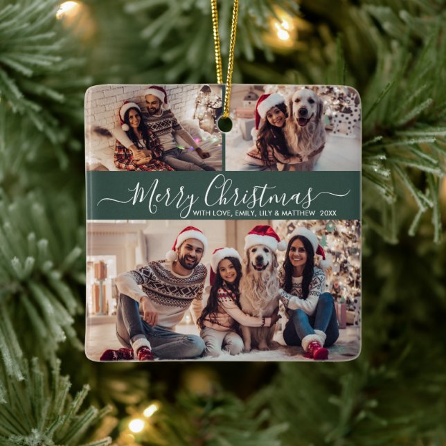 Elegantes Script 3 Foto Collage Grün Weihnachten Keramikornament (Baum)