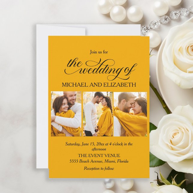 Elegantes Script 3 Foto Gelbe Hochzeit Einladung (Elegant yellow wedding photo invitation)
