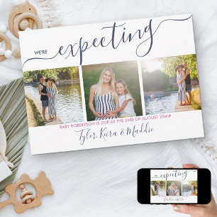 Elegantes Script 3 Square Foto Navy Pink Pregnancy Ankündigung