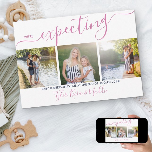Elegantes Script 3 Square Foto Rosa Navy Pregnancy Ankündigung (Von Creator hochgeladen)