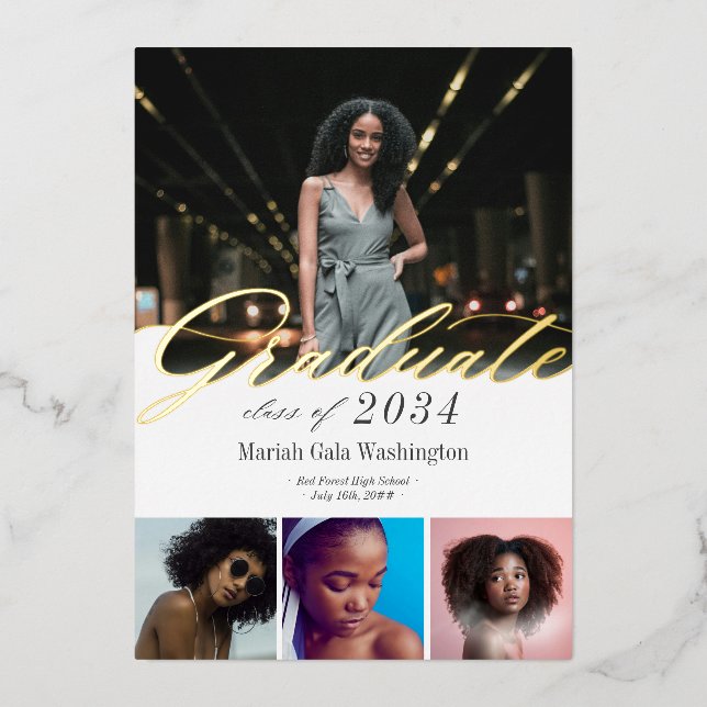 Elegantes Script 4 Foto Abschluss Ankündigung (Vorderseite)