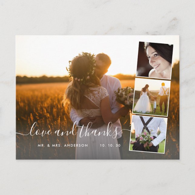 Elegantes Script 4 Foto Collage Wedding Vielen Dan Postkarte (Vorderseite)