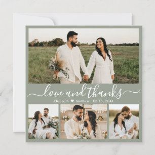 Elegantes Script 4 Foto Sage Green Collage Wedding Dankeskarte