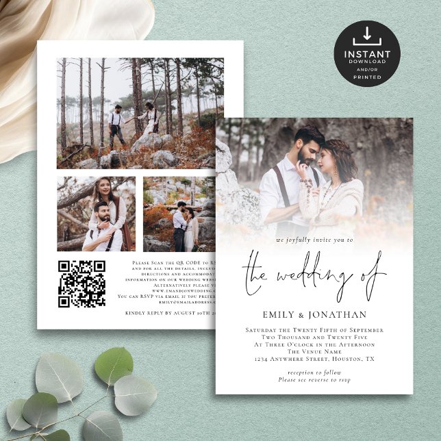 Elegantes Script 4 Fotos Overlay QR Code Hochzeit Einladung (Front and back view)