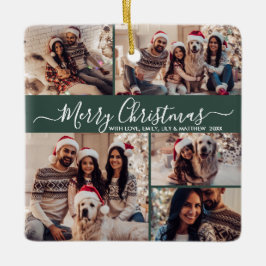 Elegantes Script 5 Foto Collage Grün Weihnachten Keramikornament