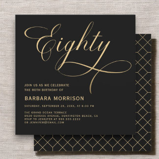 Elegantes Script 80 Black Gold 80. Geburtstag Einladung