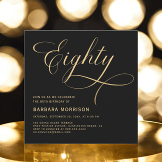 Elegantes Script 80 Black Gold 80. Geburtstag Einladung