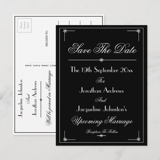 Elegantes Script B & W Wedding speichern das Datum Einladungspostkarte (Vorne/Hinten)