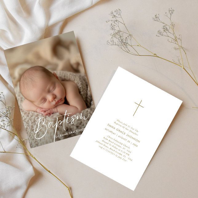 Elegantes Script Baby Boy Girl Baptism Foto Gold Einladung (Von Creator hochgeladen)