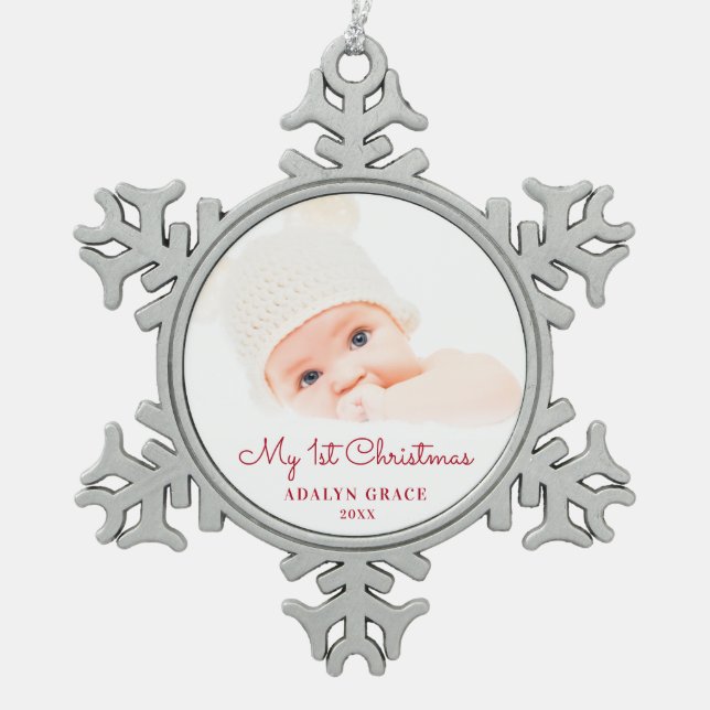 Elegantes Script Baby's First Christmas Foto Schneeflocken Zinn-Ornament (Vorderseite)