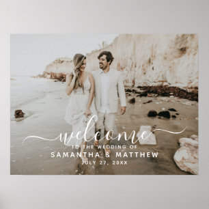 Elegantes Script Beach Themed Wedding Willkommensz Poster
