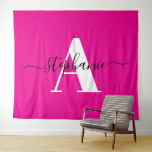 Elegantes Script Big Monogram A Hot Pink Wandteppich
