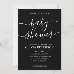 Elegantes Script Black and White Baby Shower Einladung