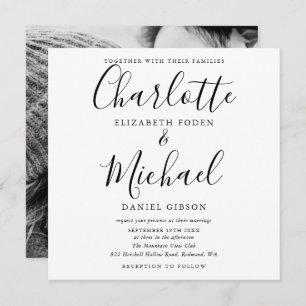 Elegantes Script Black and White Wedding Foto Einladung