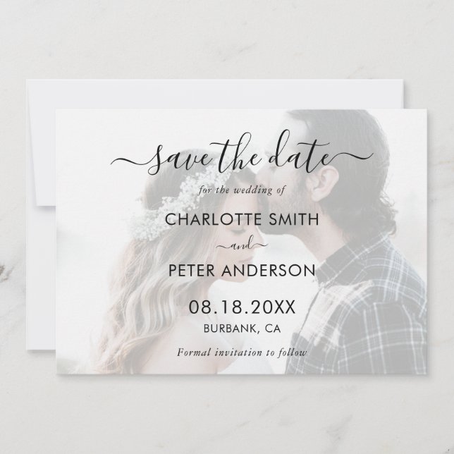 Elegantes Script Black and White Wedding Foto Save The Date (Vorderseite)