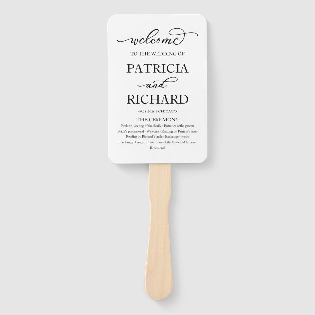 Elegantes Script Black and White Wedding Programm Fächer (Vorderseite)