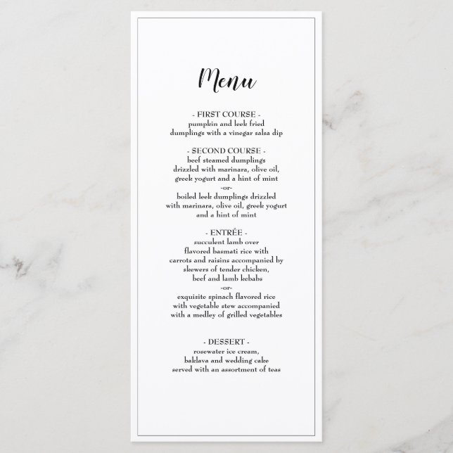 Elegantes Script Black Borded Wedding Dinner Menü Menükarte (Vorderseite)