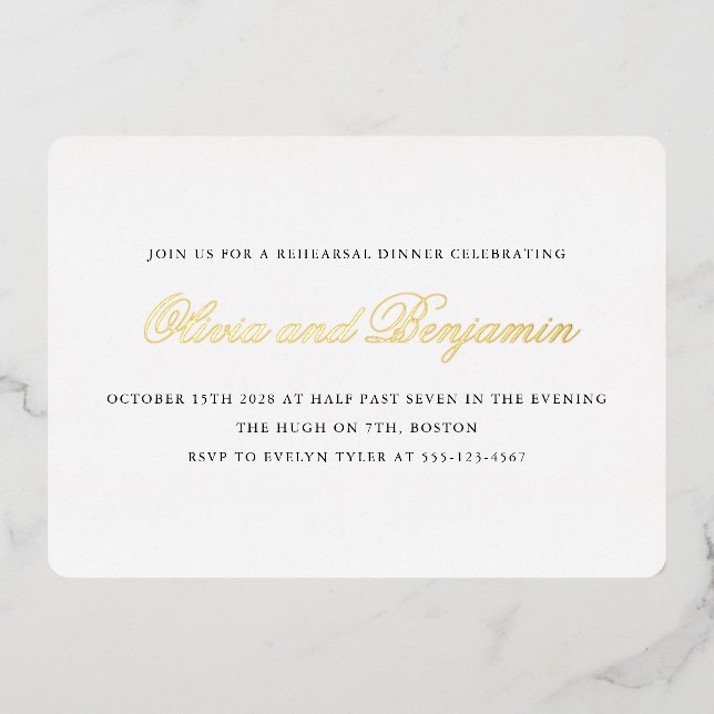 Elegantes Script Black Formal Probe Dinner Gold Folieneinladung (Vorderseite)