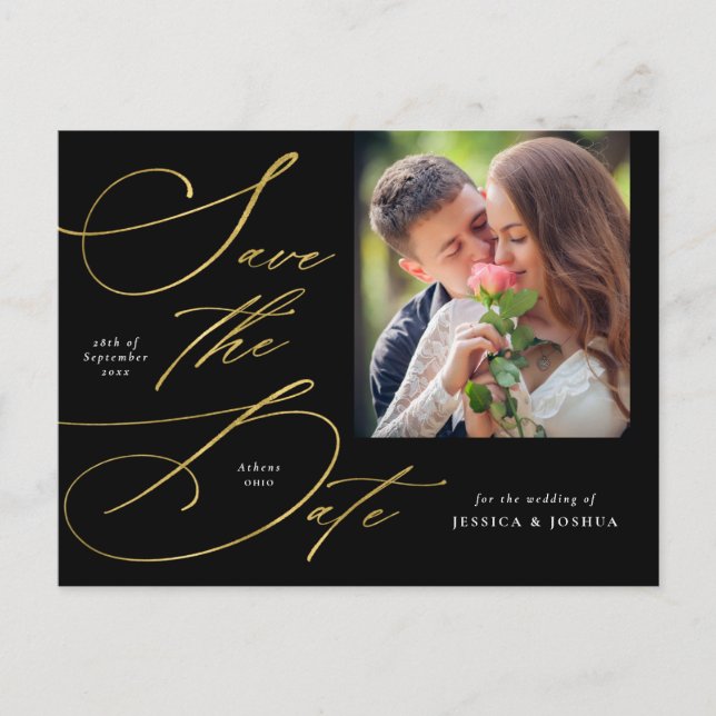 Elegantes Script Black & Gold Foto Save the Date Postkarte (Vorderseite)